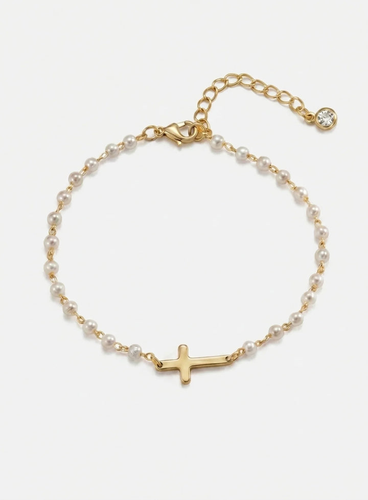 Pulseira com Cruz e Pérolas