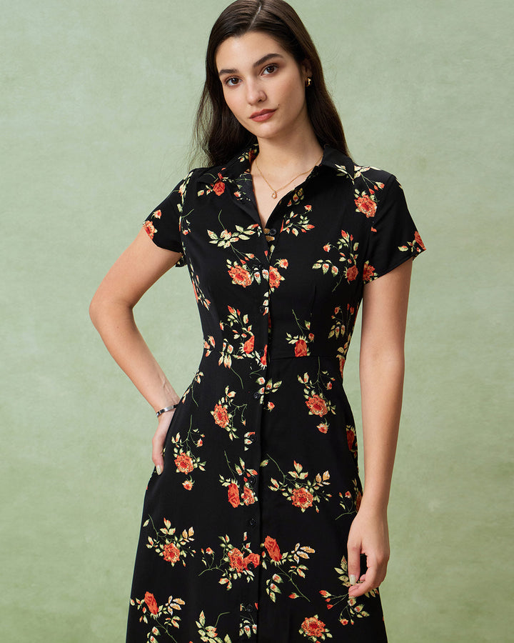 Glória - Vestido Midi Preto Floral