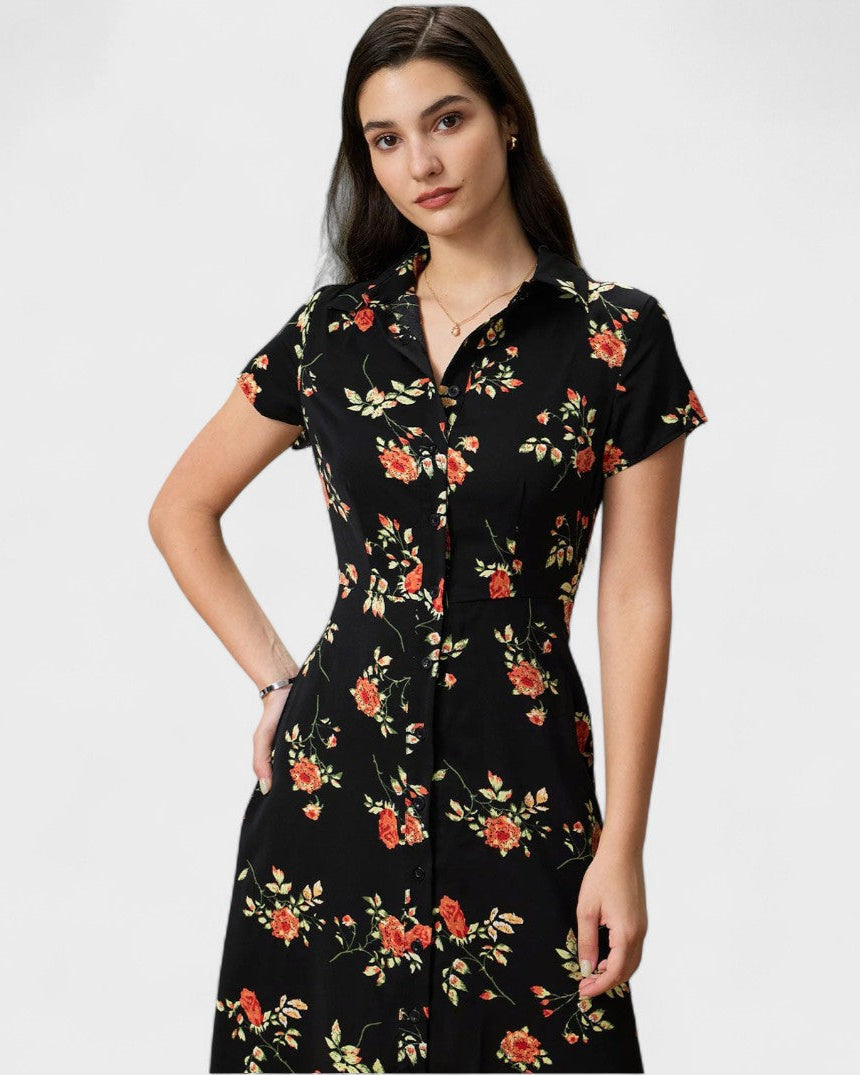 Glória - Vestido Midi Preto Floral