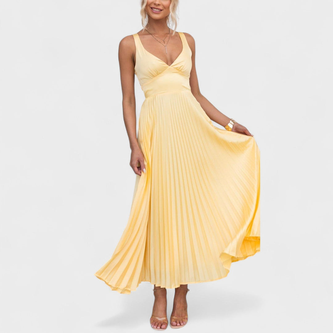 Abia - Vestido maxi amarelo plissado