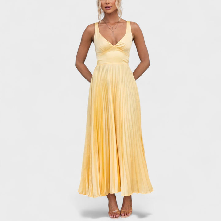 Abia - Vestido maxi amarelo plissado