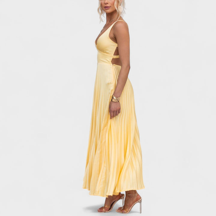 Abia - Vestido maxi amarelo plissado