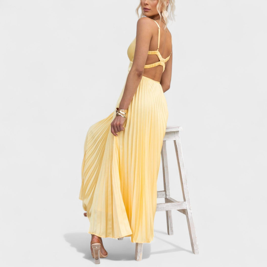Abia - Vestido maxi amarelo plissado