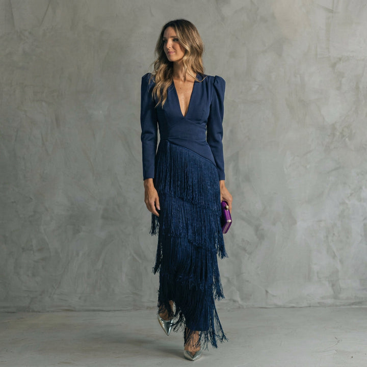 Gabriela - Vestido Longo de Franjas com Decote em V