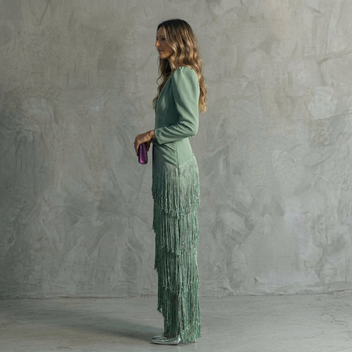 Gabriela - Vestido Longo de Franjas com Decote em V