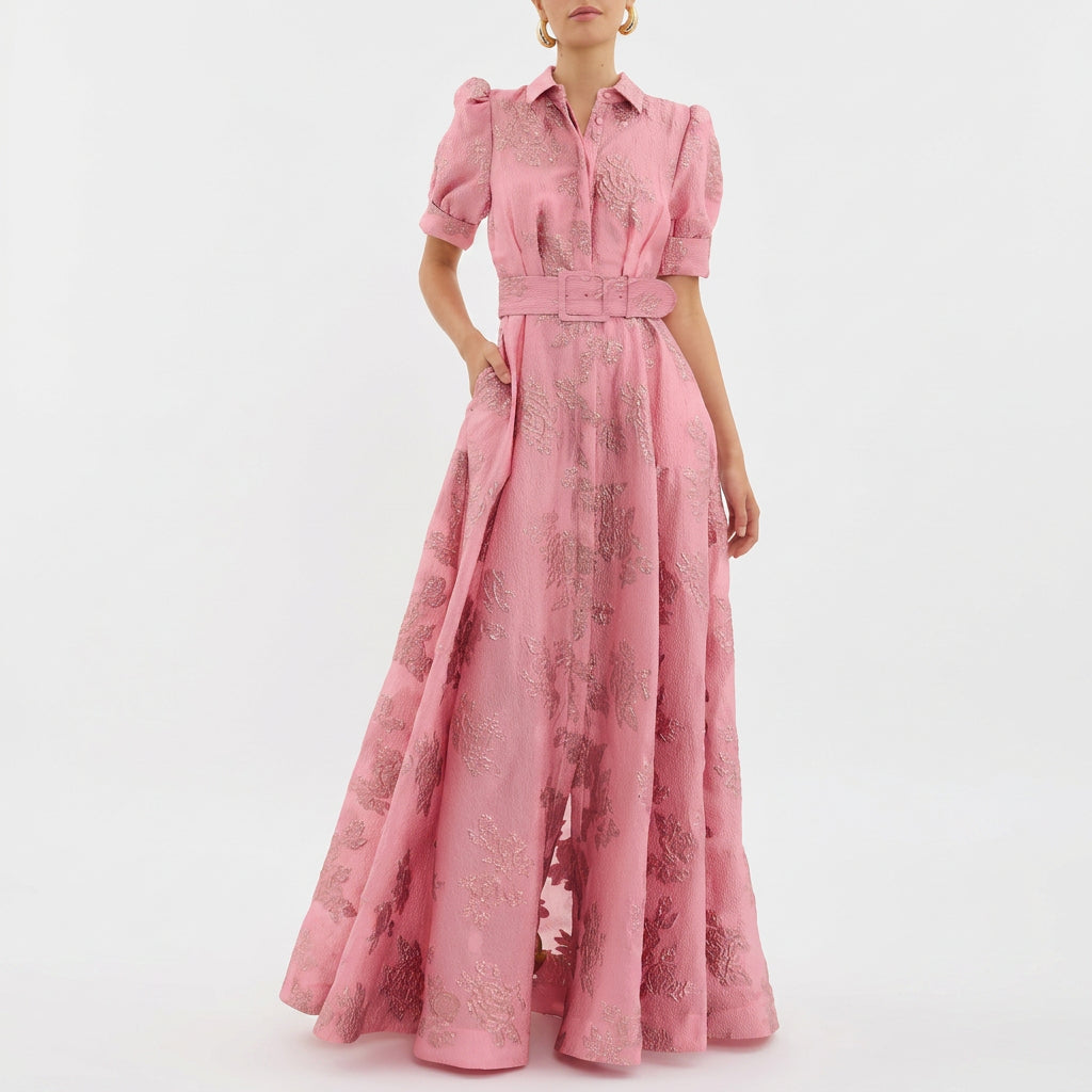 Matilde - Vestido Longo em Jacquard Floral com Cinto