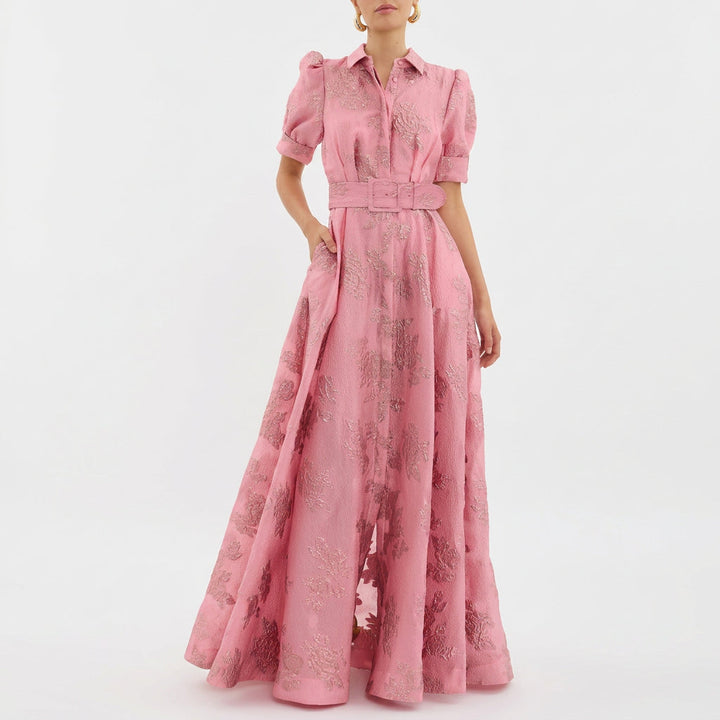 Matilde - Vestido Longo em Jacquard Floral com Cinto