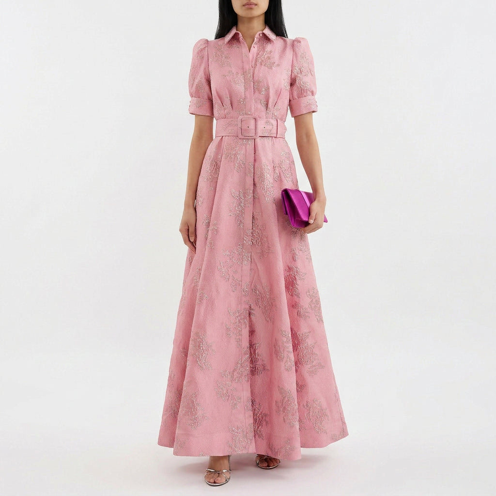 Matilde - Vestido Longo em Jacquard Floral com Cinto