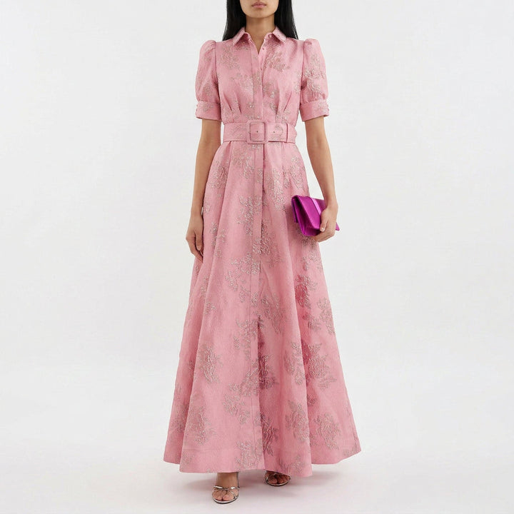 Matilde - Vestido Longo em Jacquard Floral com Cinto