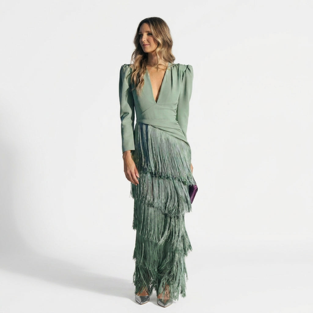 Gabriela - Vestido Longo de Franjas com Decote em V