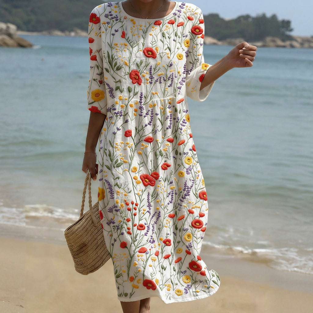 Cristina - Vestido Maxi de Gola Redonda com Estampa Floral