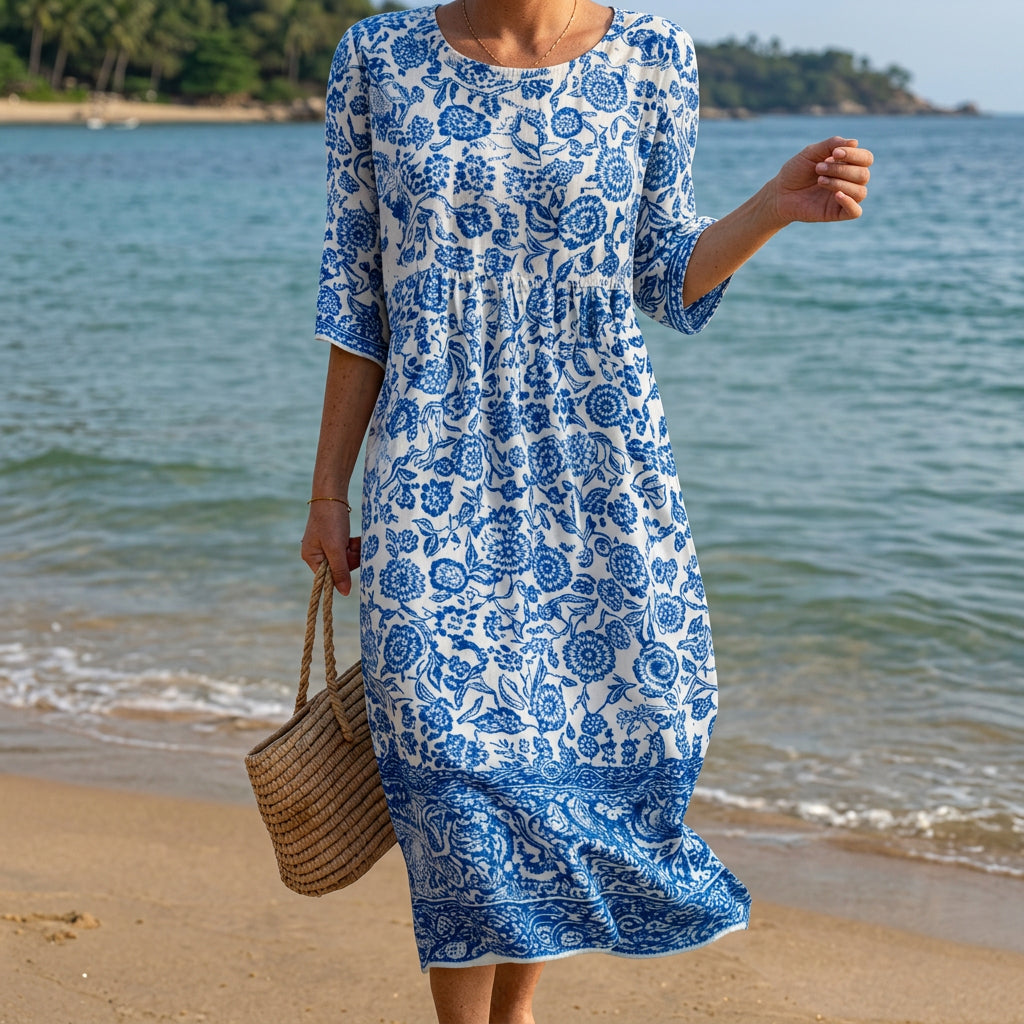 Liana - Vestido Maxi de Gola Redonda com Estampa